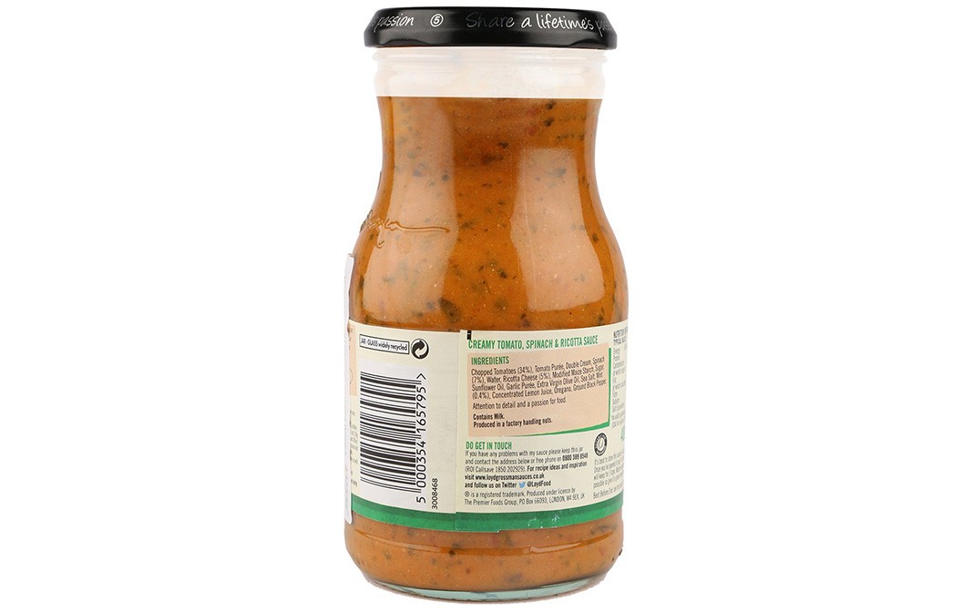 Loyd Grossman Al Forno Creamy Tomato, Spinach & Ricotta   Glass Bottle  350 grams